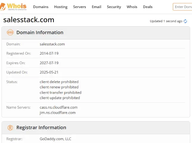 WHOIS lookup tool showing domain registrar and name servers