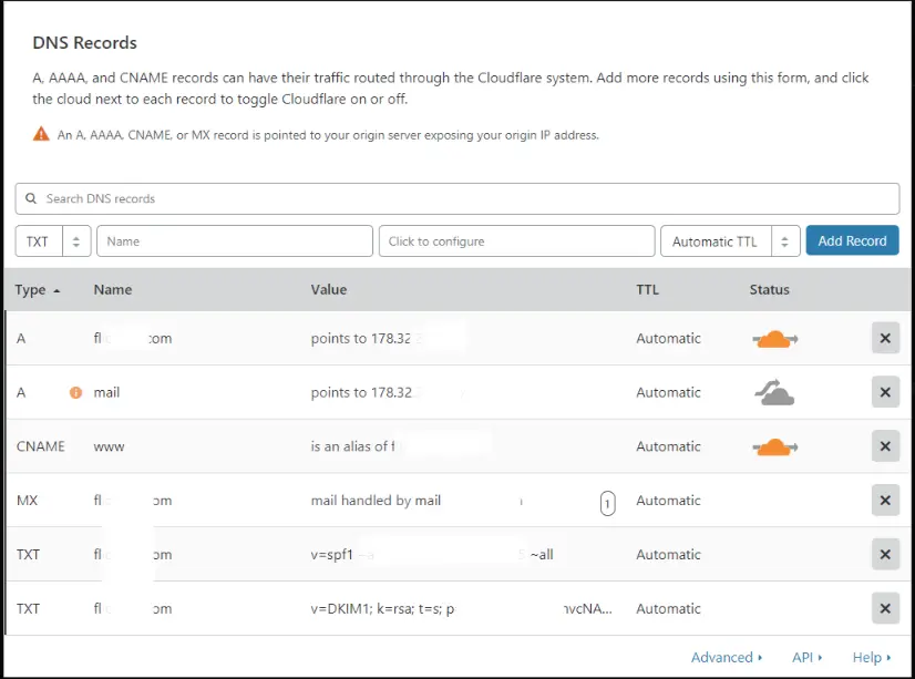 Cloudflare DNS records page example