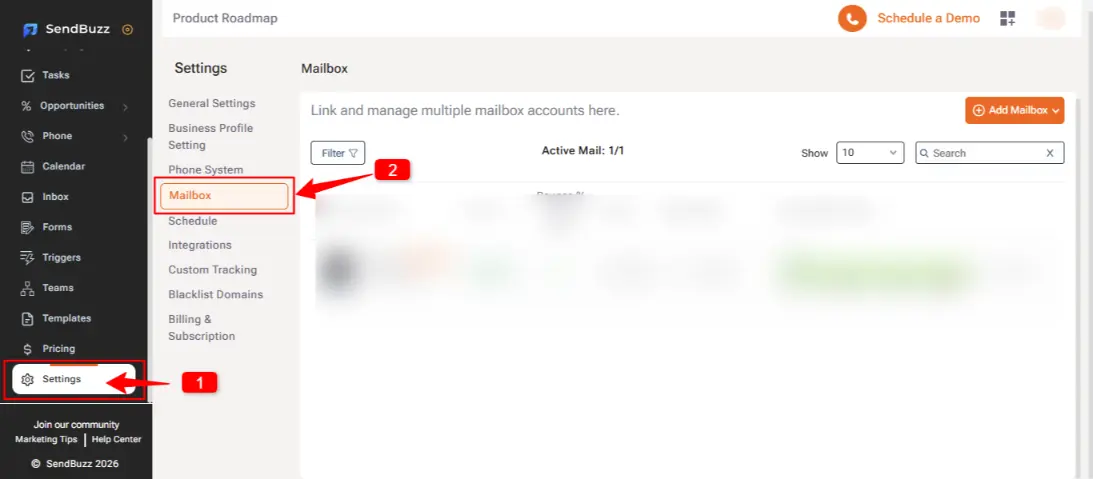 Navigating to Email Accounts in SalesStack settings