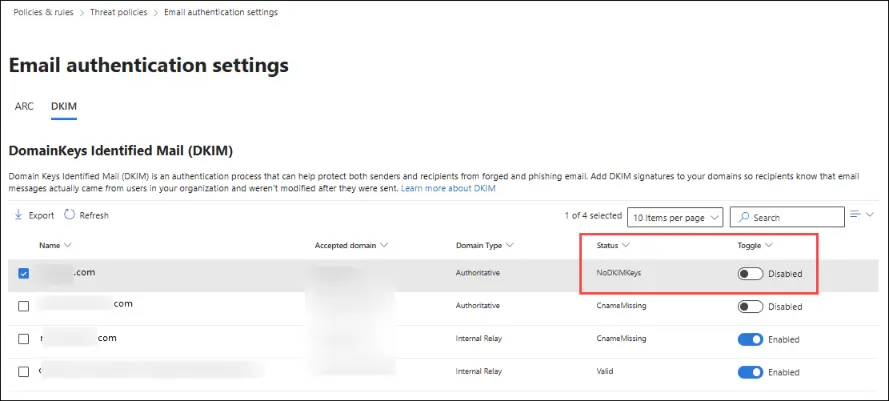 Microsoft Defender Email Authentication Settings DKIM tab