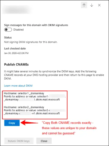Microsoft Defender displaying two DKIM CNAME records