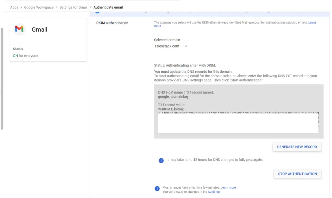 DKIM authentication activated in Google Workspace