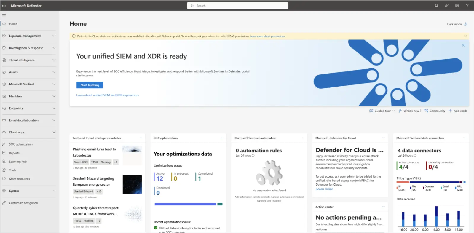 Microsoft 365 Defender Portal homepage