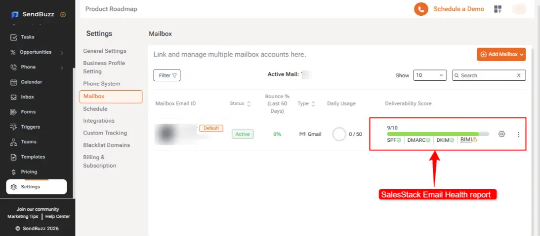 SalesStack email health report showing all green checks for SPF, DKIM, and DMARC