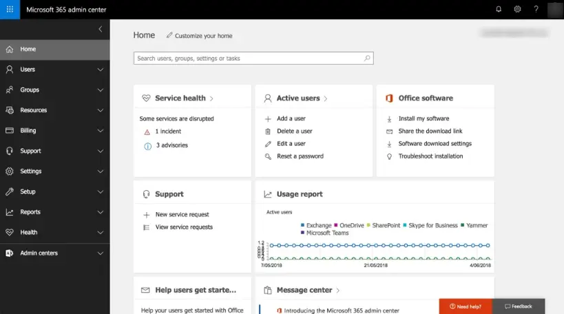 Microsoft 365 Admin Center dashboard