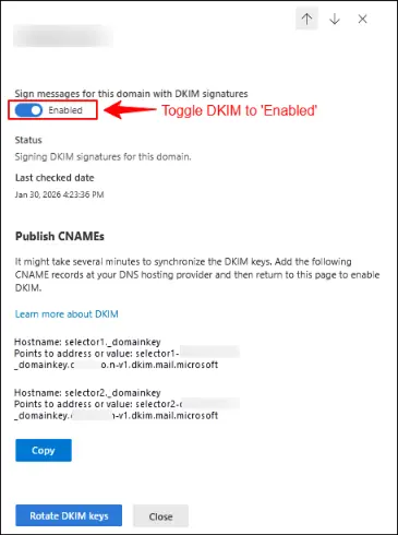Toggle to enable DKIM signatures in Microsoft Defender