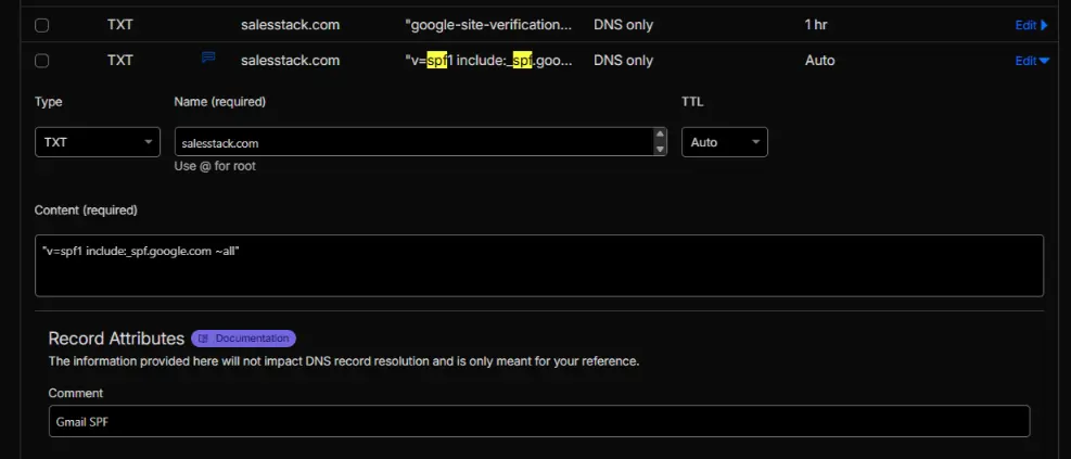 Adding a new SPF TXT record in DNS provider