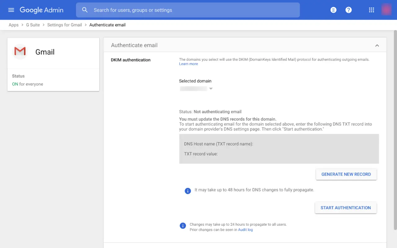 Google Workspace Authenticate email DKIM setup page