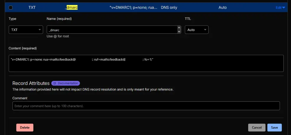 Adding DMARC TXT record in DNS provider