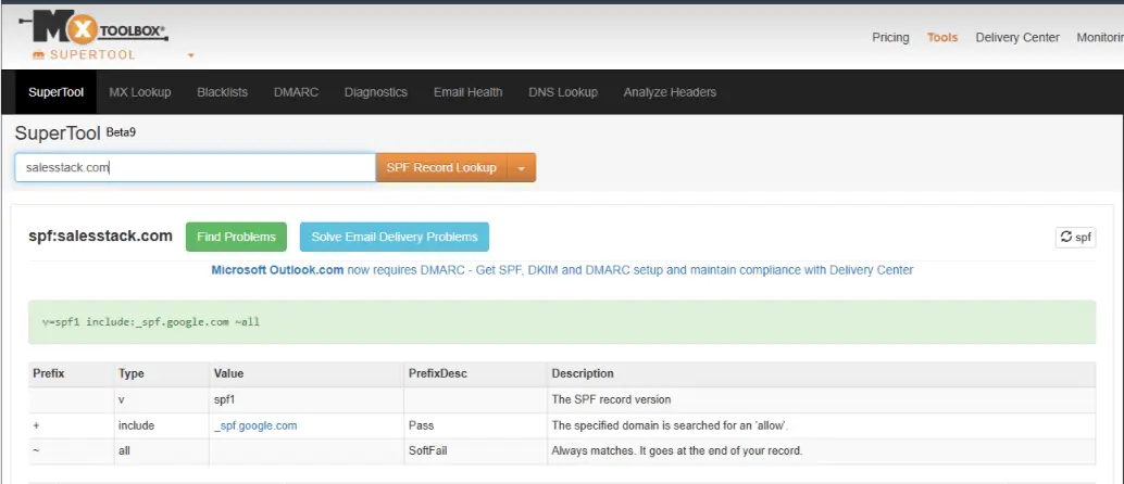 MXToolbox SPF record lookup result