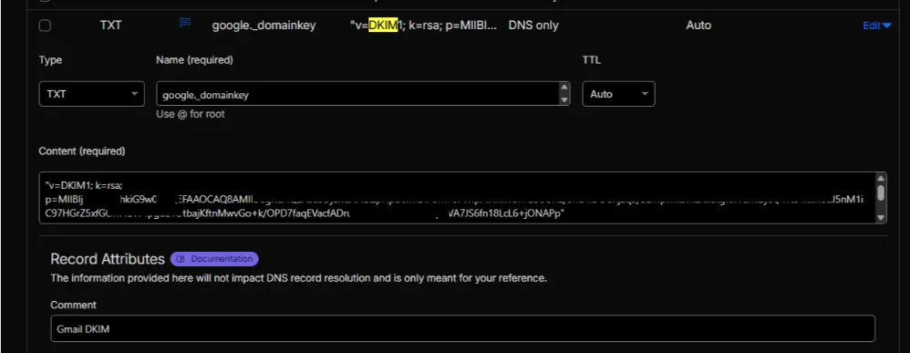 Adding DKIM TXT record into DNS settings